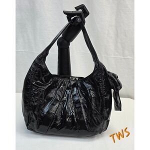 Bravo Black Patent Leather Hobo Bag Side Bow Turquoise Lining Gold Hardware